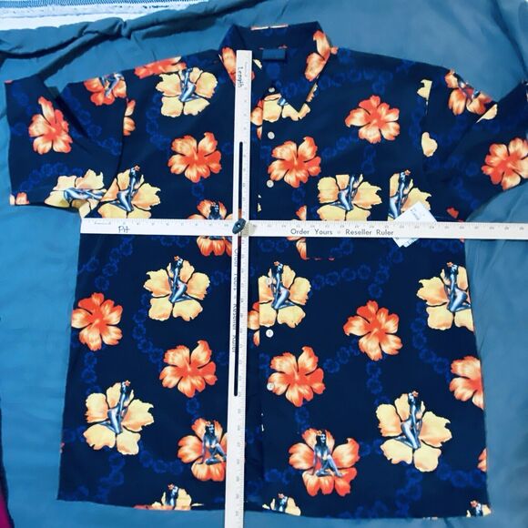 Extreme Gear Hawaiian Shirt Blue Pin Up Girlie Short Sleeve Mens Large Deadstock - Picture 6 of 12